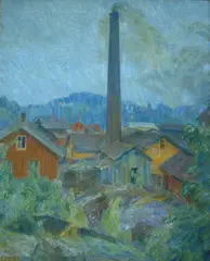 Erik Werenskiold, Fabrikkbygninger på Lysaker, 1907, Olje på lerret