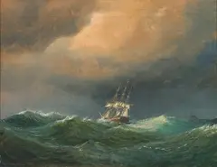 Wilhelm Melby, Seilskute med unionsflagg i rom sjø, 1850, Olje på lerret