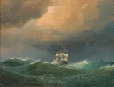Wilhelm Melby, Seilskute med unionsflagg i rom sjø, 1850, Olje på lerret