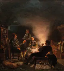 Adolph Tidemand, Ulvejegere på seteren, 1854, Olje på lerret