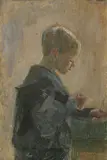 Helga Marie Ring Reusch, Han steller med frimerkene, 1907, Olje på lerret, oppklebet på plate