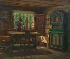Helene Gundersen, Interiør, kvinne som vanner blomster, Olje på lerret