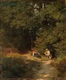 Hans Gude, Kvinne og mann ved skogsti, 1861, Olje på lerret