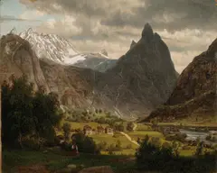 Johan Fredrik Eckersberg, Folkeliv under Romsdalshorn, 1860, Olje på papir, oppklebet på lerret