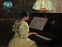 Jacob Bratland, Interiør med kvinne ved piano, Olje på lerret