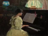 Jacob Bratland, Interiør med kvinne ved piano, Olje på lerret