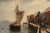 Frits Thaulow, Folkeliv ved brygge, 1876, Olje på lerret