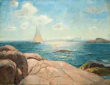 Svaberg og båter by Thorolf Holmboe, Olje på lerret, sold May 2004