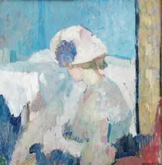 Arne Kavli, Kvinne ved bord, 1909, Olje på lerret, oppklebet på plate