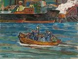 Skipsverftsarbeiderne kommer by Reidar Aulie, Olje på plate, sold May 2004