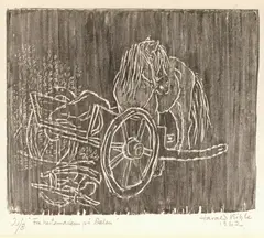 Fra hestemarken på Dalen by Harald Kihle, 1962, Tresnitt, lysmål, sold Dec 2003