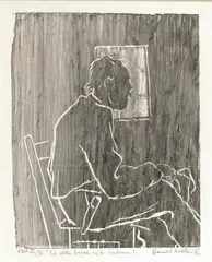 Eg ville berre sjå indom by Harald Kihle, 1956, Tresnitt, lysmål, sold Dec 2003