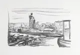 Edvard Munch, Etter Bergens brann I, Litografi i svart på gulhvitt papir, lysmål