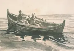 Alf Rolfsen, Kvinne og mann som ror en Nordlandsskjekte, Blyant og lavering på papir, lysmål