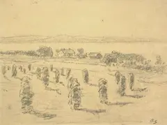 Otto Sinding, Gård og åker med kornstaur, Blyant på papir, lysmål