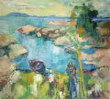 Sigurd Eriksen, Kystlandskap med kvinne og barn ved båt, 1959, Olje på lerret