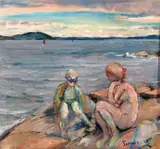 Severin Grande, Kvinne og barn på svaberg, 1928, Olje på lerret