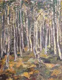 Inne i bjerkeskogen by Reidar Fritzvold, Olje på lerret, sold Dec 2003