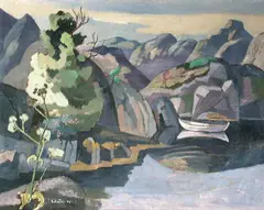 Erling Merton, Skjærgårdslandskap med robåt, 1944, Olje på lerret