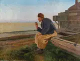 Wilhelm Peters, Sittende mann ved strand, 1909, Olje på lerret