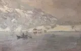 Gudmund Stenersen, Vinterlandskap med roende mann, Olje på lerret