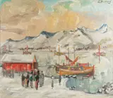 Einar Berger, Fra et fiskevær i Lofoten, 1948, Olje på lerret