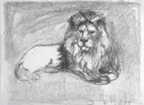 Edvard Munch, Liggende løve II, Litografi trykket i svart på middels tynt gulhvitt