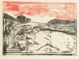 Edvard Munch, Klesvask ved vannkanten, Fargetresnitt trykket i svart og rødt på middels