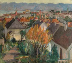 Utsikt med fire kirker, Stavanger by August Jacobsen, Olje på lerret, sold Nov 2003