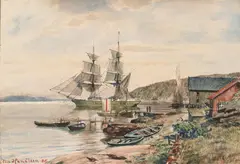 Nils Hansteen, Seilskute i havn, 1886, Akvarell på papir