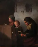 Anders Gustaf Koskull, Kirkeinteriør med kvinne, pike og gutt, Olje på lerret
