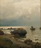 Hans Gude, Fiskere ved stenet kyst, 1866, Olje på lerret