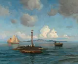 Thorolf Holmboe, Skjærgårdslandskap med fugleliv og båtliv, Olje på lerret