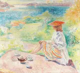 Kvinne med kaffekanne og to kopper på hagetrapp by Arne Kavli, Olje på lerret, sold Nov 2003