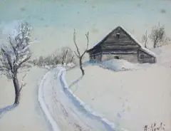 Arne Kavli, Låve i vinterlandskap, Gouache, lysmål