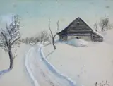 Arne Kavli, Låve i vinterlandskap, Gouache, lysmål