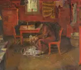 Bernhard Folkestad, Interiør med kvinne som plukker fugl, 1931, Olje på lerret