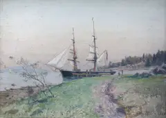 Nils Hansteen, Seilskute i havn, 1884, Olje på mahognyplate