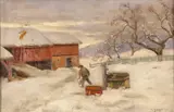 Andreas Singdahlsen, Mann på gårdstun, vinter, 1890, Olje på lerret