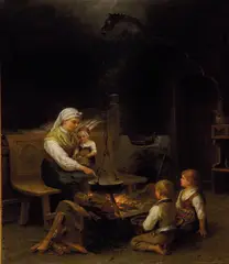 Bengt Nordenberg, Kvinne og barn i en årestue, 1883, Olje på lerret