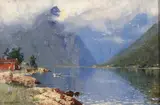 Hans Andreas Dahl, Fjordlandskap med folkeliv, Olje på mahognyplate