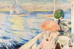 Arne Kavli, Uterestaurant på brygge og seilbåter, 1928, Olje på lerret
