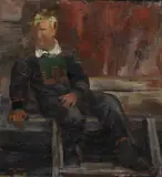 Sittende gutt i Setesdalsbunad by Carl von Hanno, 1932, Olje på lerret, sold May 2003