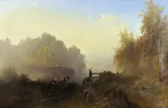 Sophus Jacobsen, Kvinner med pram i landskap, Olje på lerret