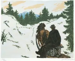 Mann med hest og slede by Harald Kihle, Serigrafi, lysmål, sold Dec 2002
