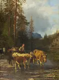 Anders Askevold, Budeie og kyr ved vanningsted, 1883, Olje på lerret