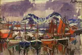 Einar Berger, Fiskebåter i havn, Olje på lerret