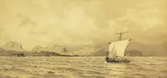 Hans Gude, Skuter ved forreven kyst, 1893, Blyant og lavering på papir, lysmål