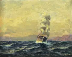 Hjalmar Johnssen, Seilskute ved kyst, Olje på mahognyplate