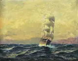 Hjalmar Johnssen, Seilskute ved kyst, Olje på mahognyplate